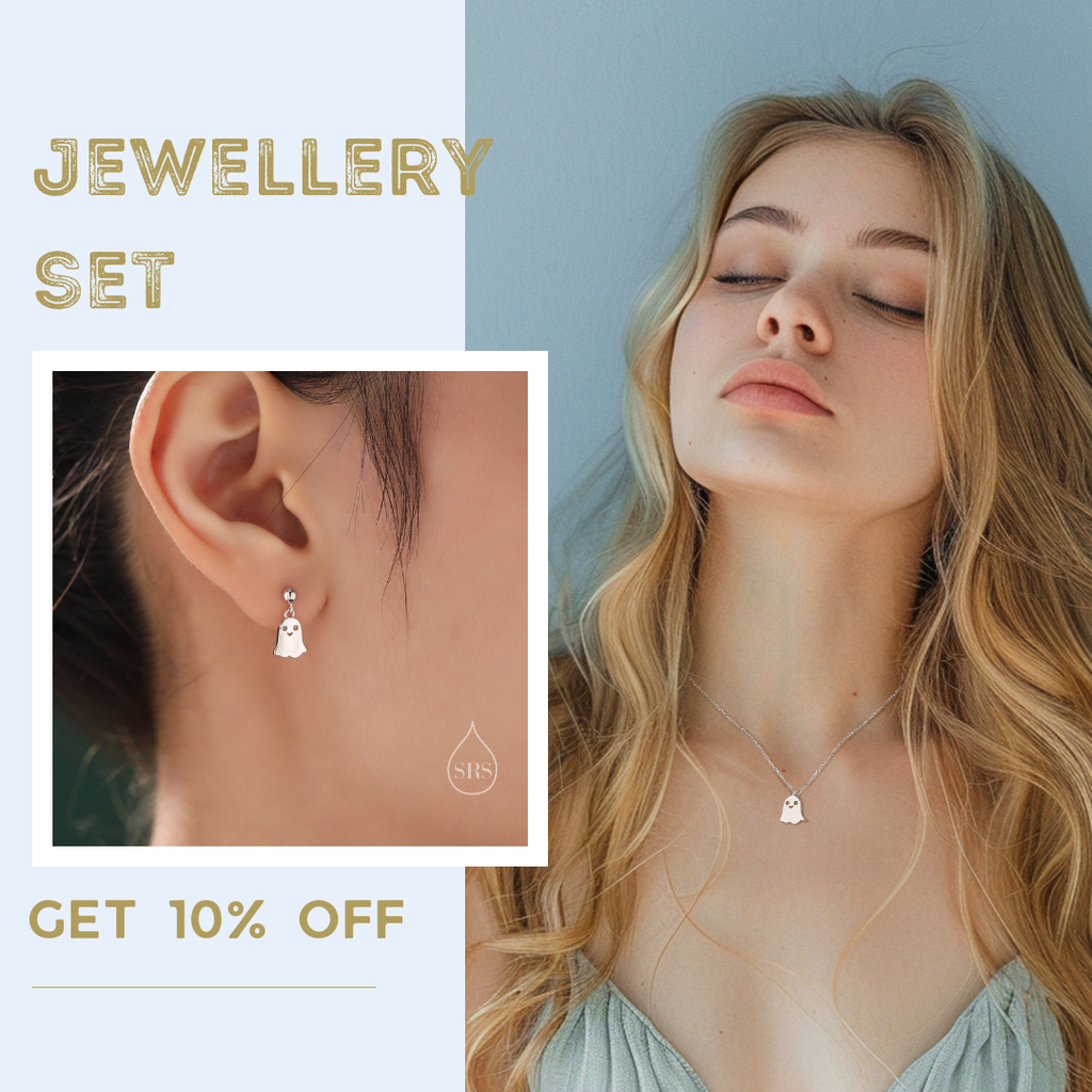 Sterling Silver Little Ghost Stud Earrings, Drop Stud Earrings and Necklace, Set Available