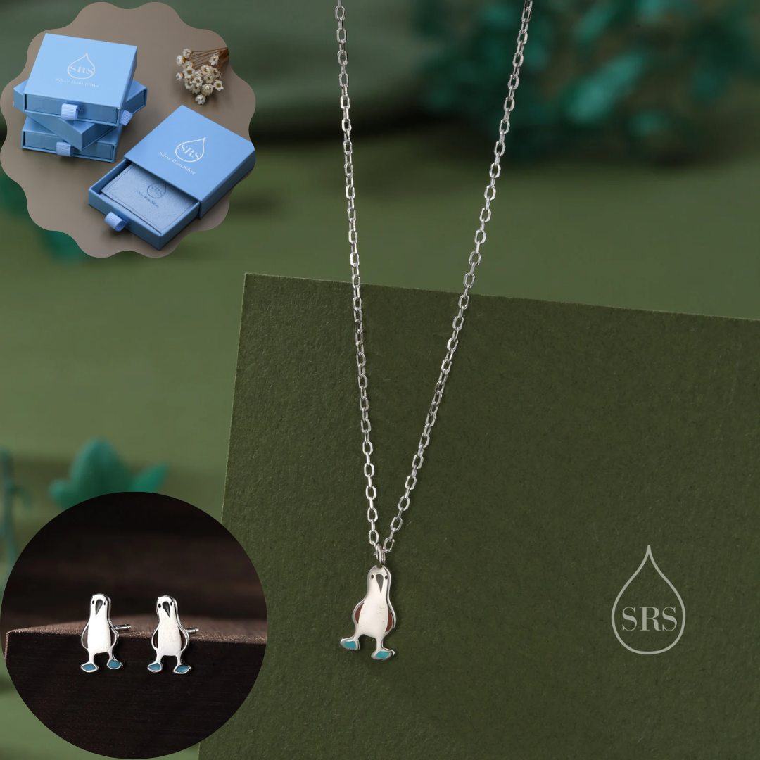 Sterling Silver Blue Footed Boobie Bird Earrings and Necklace Set, Fun and Quirky Bird Jewellery, Gift Set with one Gift box packing