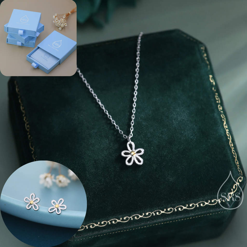 Sterling Silver Dainty Forget-me-not Flower Stud Earrings and Necklace Set, Gift Set with One Gift Box Packing