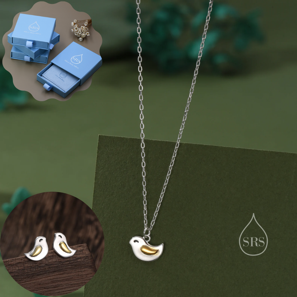 Cute Little Wren Bird Stud Earrings and Necklace Set in Sterling Silver, Gift Set with One Gift Box Packing