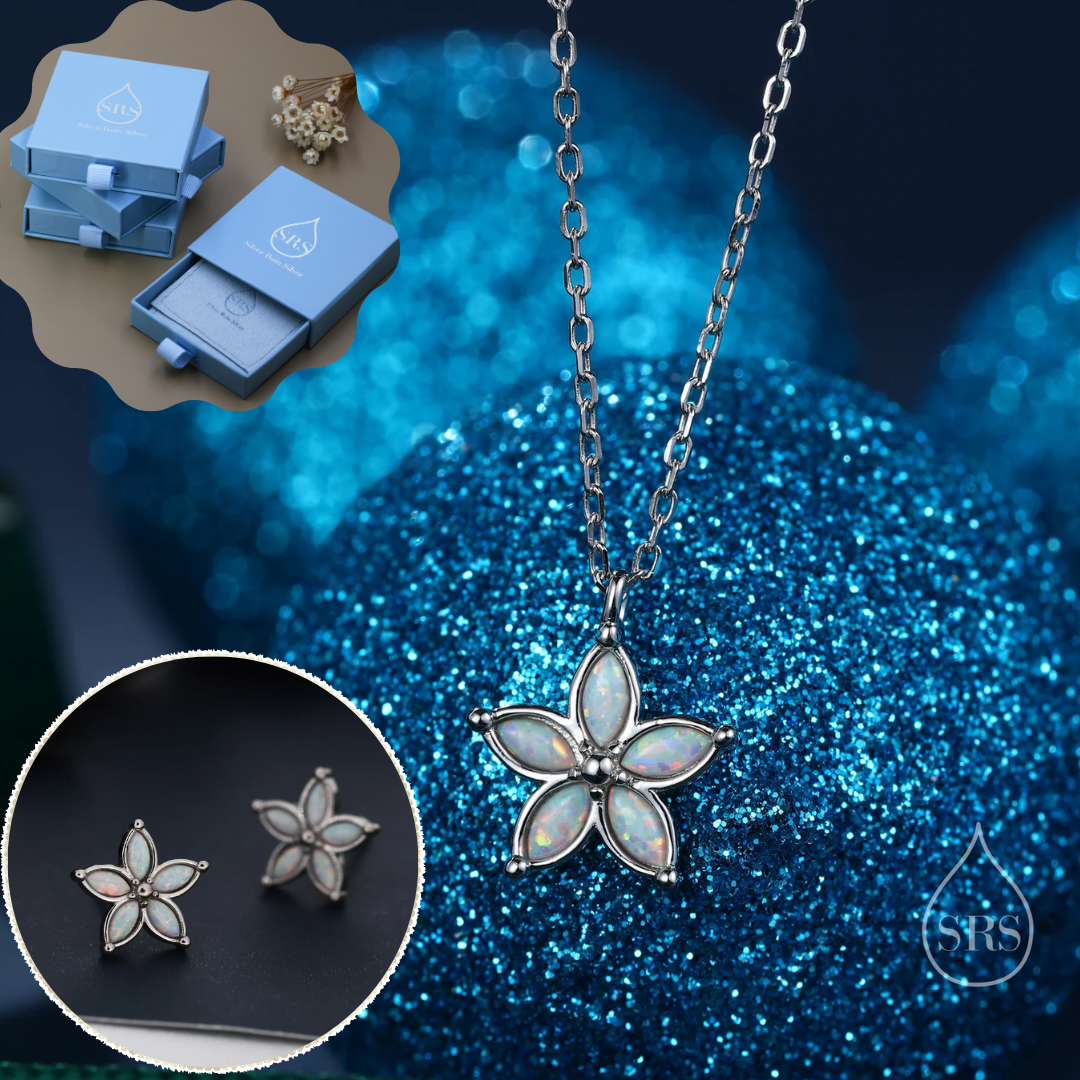 Opal Flower Stud Earrings and Necklace Set in Sterling Silver with Opal, Blue, White or Pink Opal, Gift Set with One Gift Box Packing