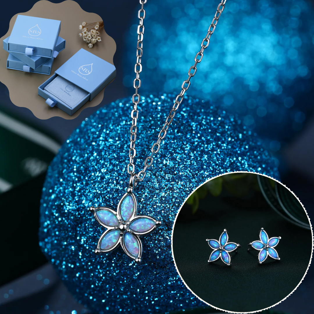 Opal Flower Stud Earrings and Necklace Set in Sterling Silver with Opal, Blue, White or Pink Opal, Gift Set with One Gift Box Packing