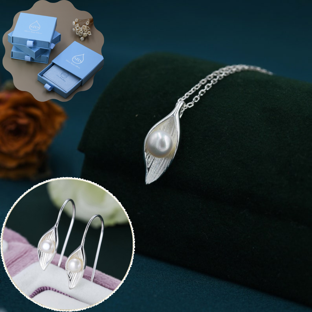 Calla Lily Flower Blossom Earrings with Fresh Water Pearls and Necklace Set, Nature Inspired, Gift Set with one Gift box pack