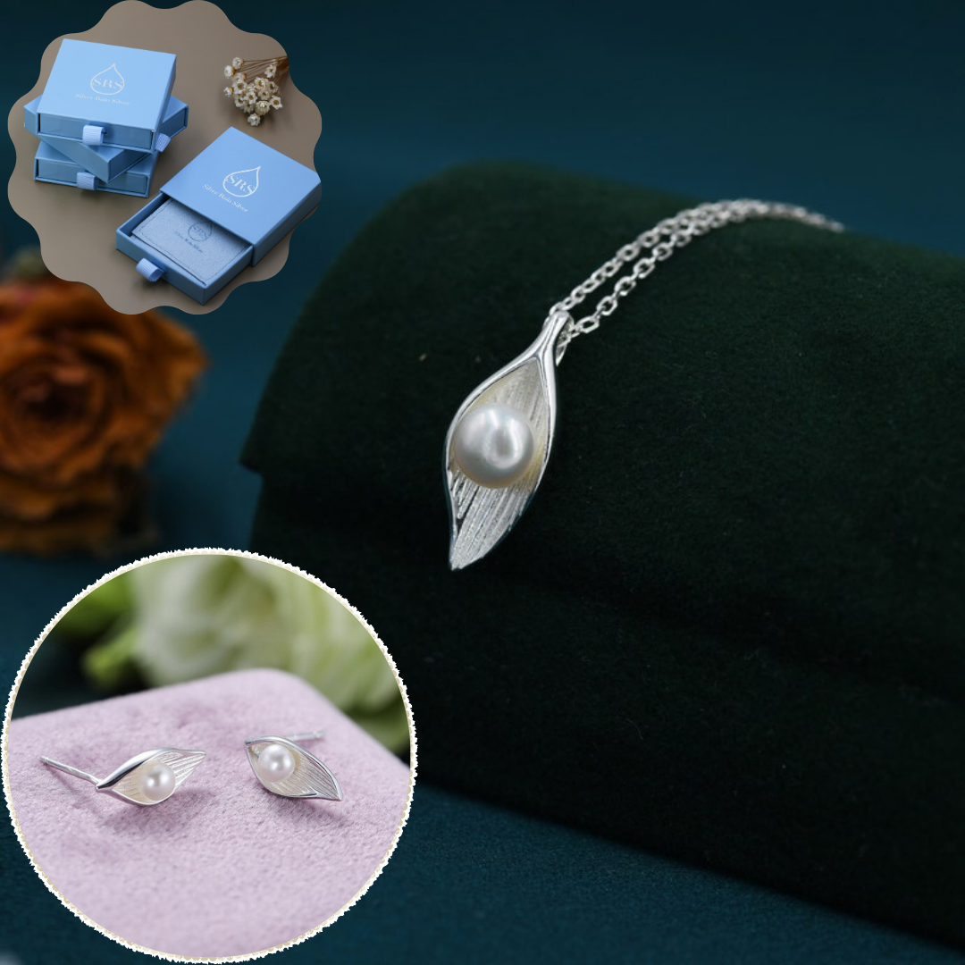 Calla Lily Flower Blossom Earrings with Fresh Water Pearls and Necklace Set, Nature Inspired, Gift Set with one Gift box pack
