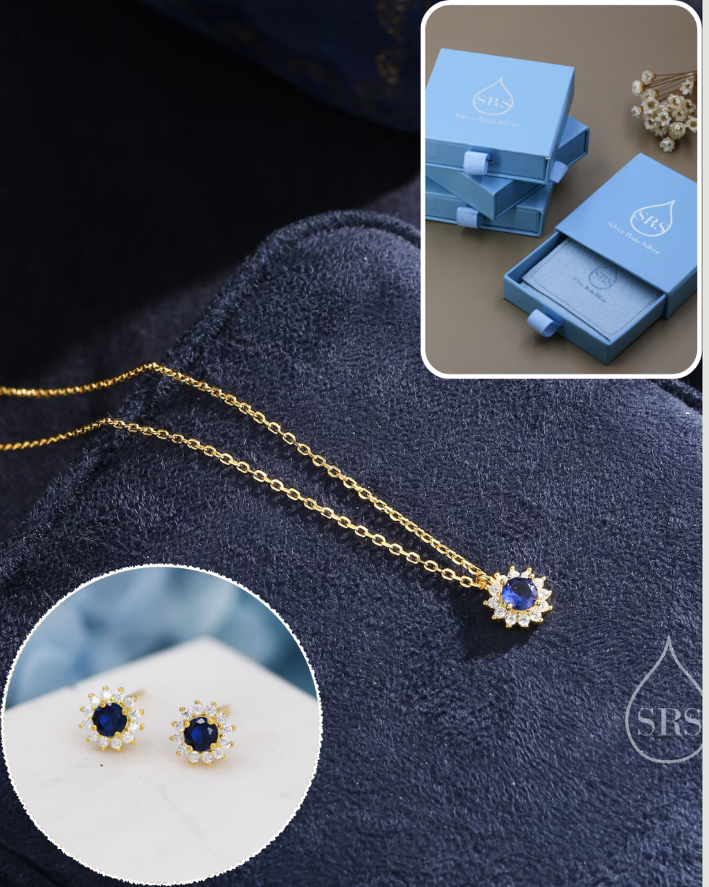 Sapphire Flower Stud Earrings and Necklace Set in Sterling Silver, Silver or Gold, Blue CZ Flower, Gift Set with one Gift Box Pack
