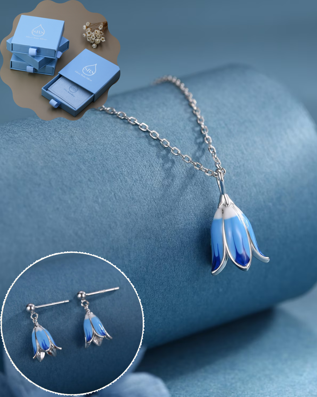Sterling Silver Enamel Bluebell Flower Earrings and Necklace Set, Snowdrop jewelry, Gift set with one Gift Box Pack