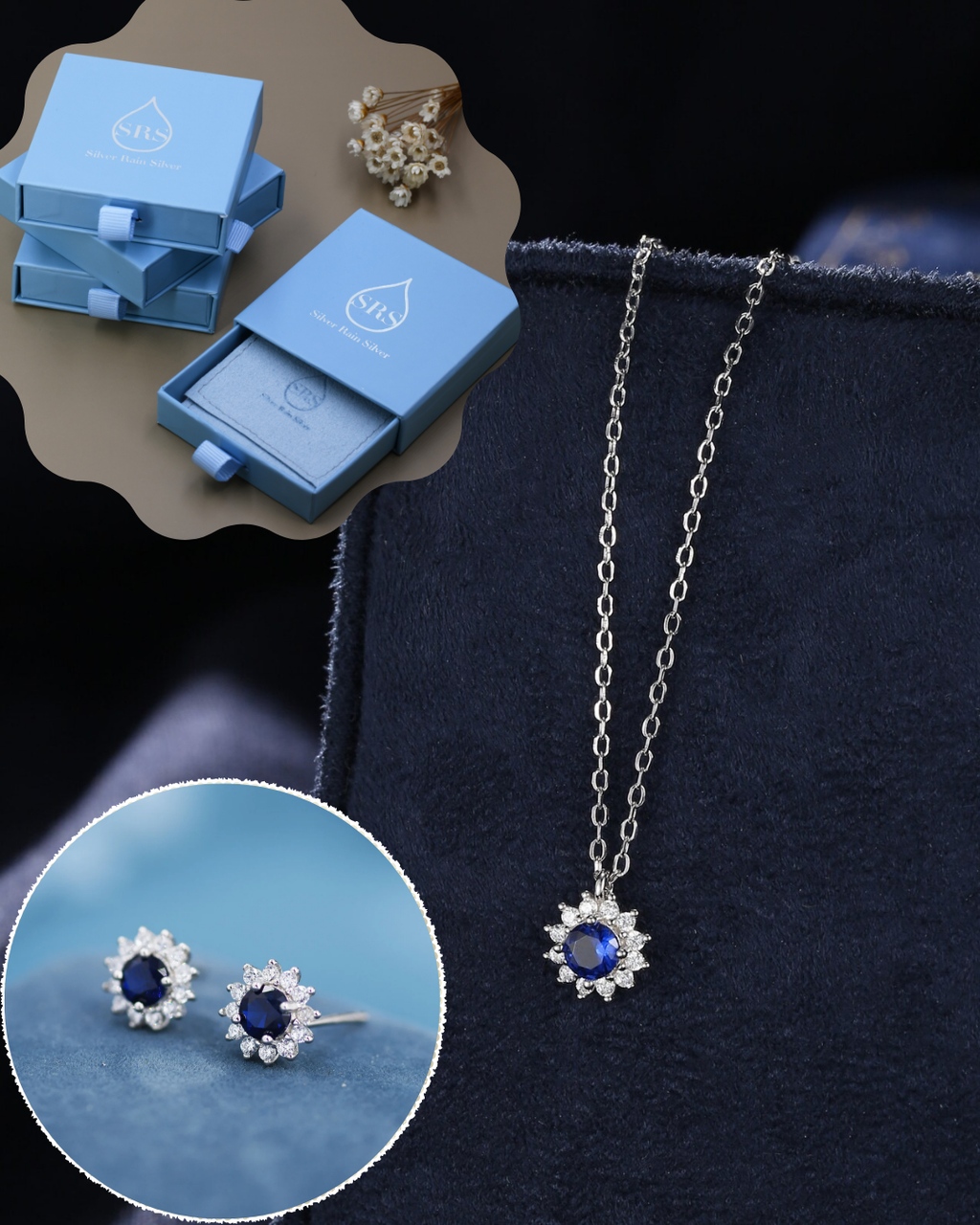 Sapphire Flower Stud Earrings and Necklace Set in Sterling Silver, Silver or Gold, Blue CZ Flower, Gift Set with one Gift Box Pack
