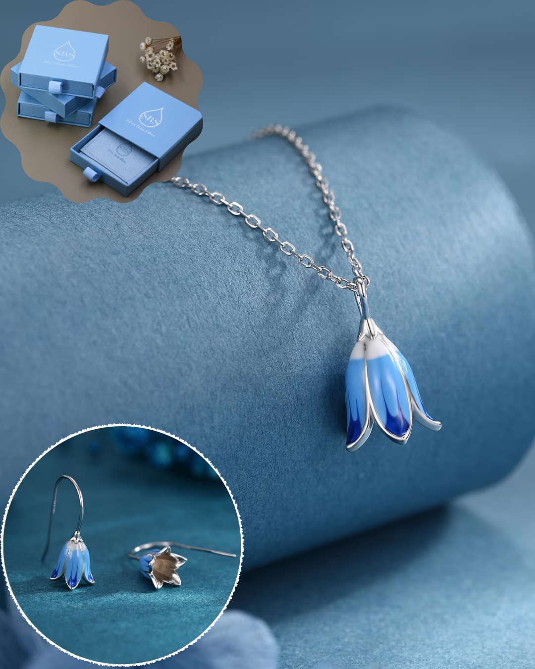Sterling Silver Enamel Bluebell Flower Earrings and Necklace Set, Snowdrop jewelry, Gift set with one Gift Box Pack
