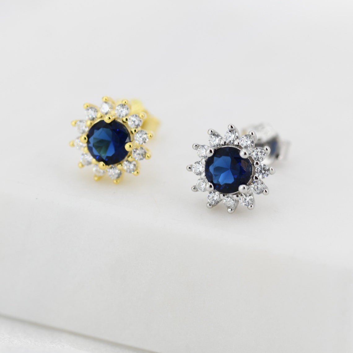 Sapphire Flower Stud Earrings and Necklace Set in Sterling Silver, Silver or Gold, Blue CZ Flower, Gift Set with one Gift Box Pack