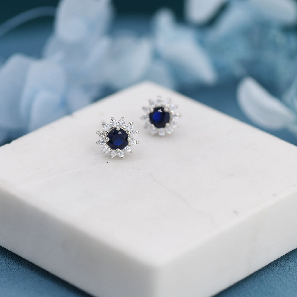 Sapphire Flower Stud Earrings and Necklace Set in Sterling Silver, Silver or Gold, Blue CZ Flower, Gift Set with one Gift Box Pack