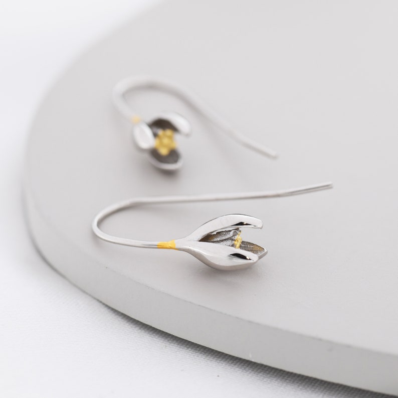 Snowdrop Flower Drop Earrings and Necklace Set in Sterling Silver, Gift Set, Nature Inspired Flower Earrings, January Birth Flower