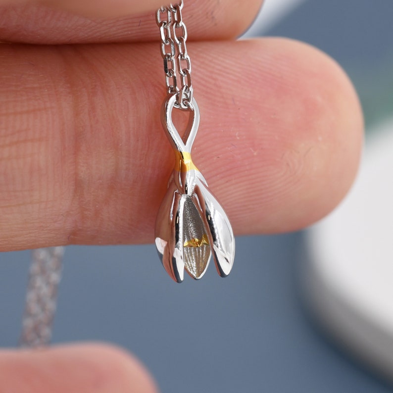 Snowdrop Flower Drop Earrings and Necklace Set in Sterling Silver, Gift Set, Nature Inspired Flower Earrings, January Birth Flower