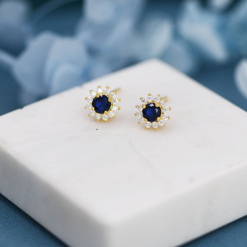 Sapphire Flower Stud Earrings and Necklace Set in Sterling Silver, Silver or Gold, Blue CZ Flower, Gift Set with one Gift Box Pack
