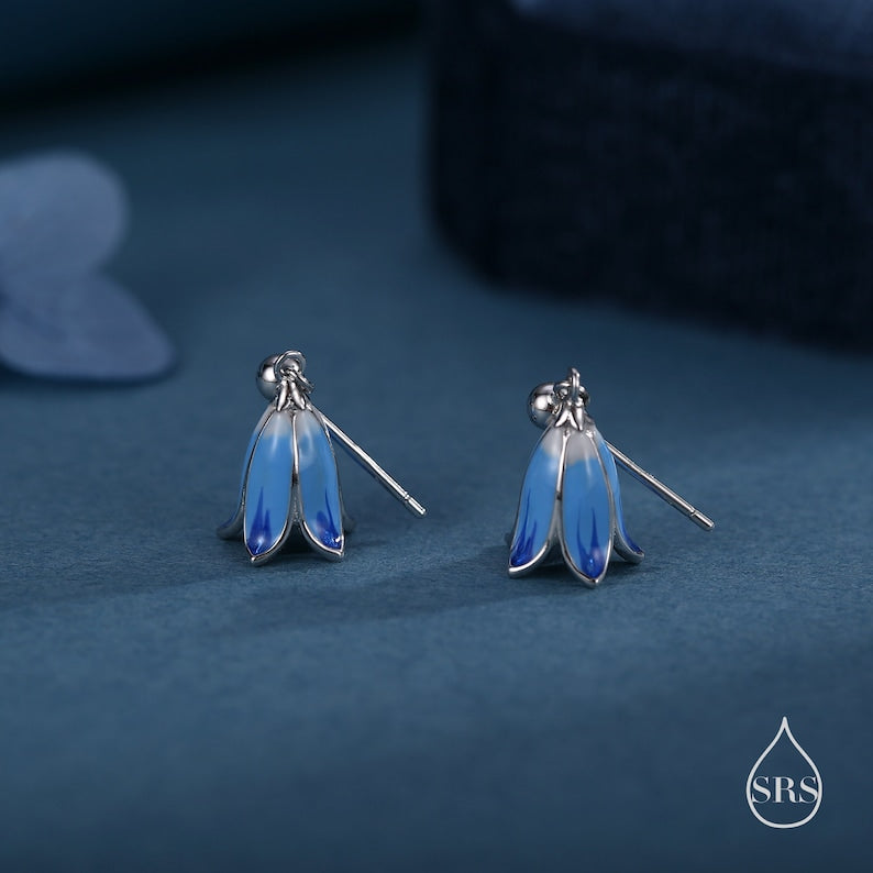Sterling Silver Enamel Bluebell Flower Earrings and Necklace Set, Snowdrop jewelry, Gift set with one Gift Box Pack