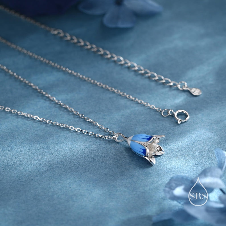 Sterling Silver Enamel Bluebell Flower Earrings and Necklace Set, Snowdrop jewelry, Gift set with one Gift Box Pack