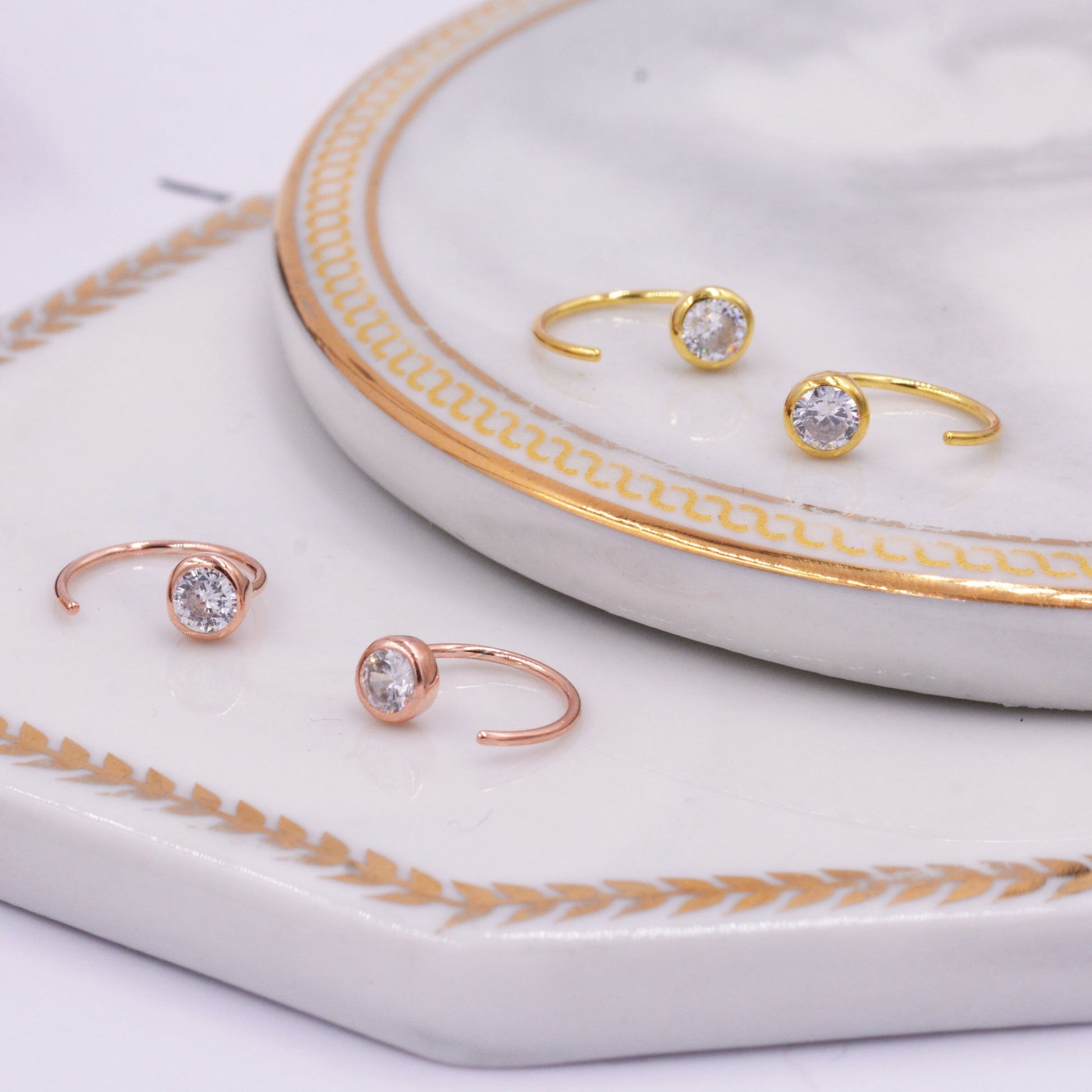 Huggie Hoop Earrings in Sterling Silver, Sparkly CZ Crystals (Lab Diamond), Pull Through Earrings Minimalist Geometric Design,