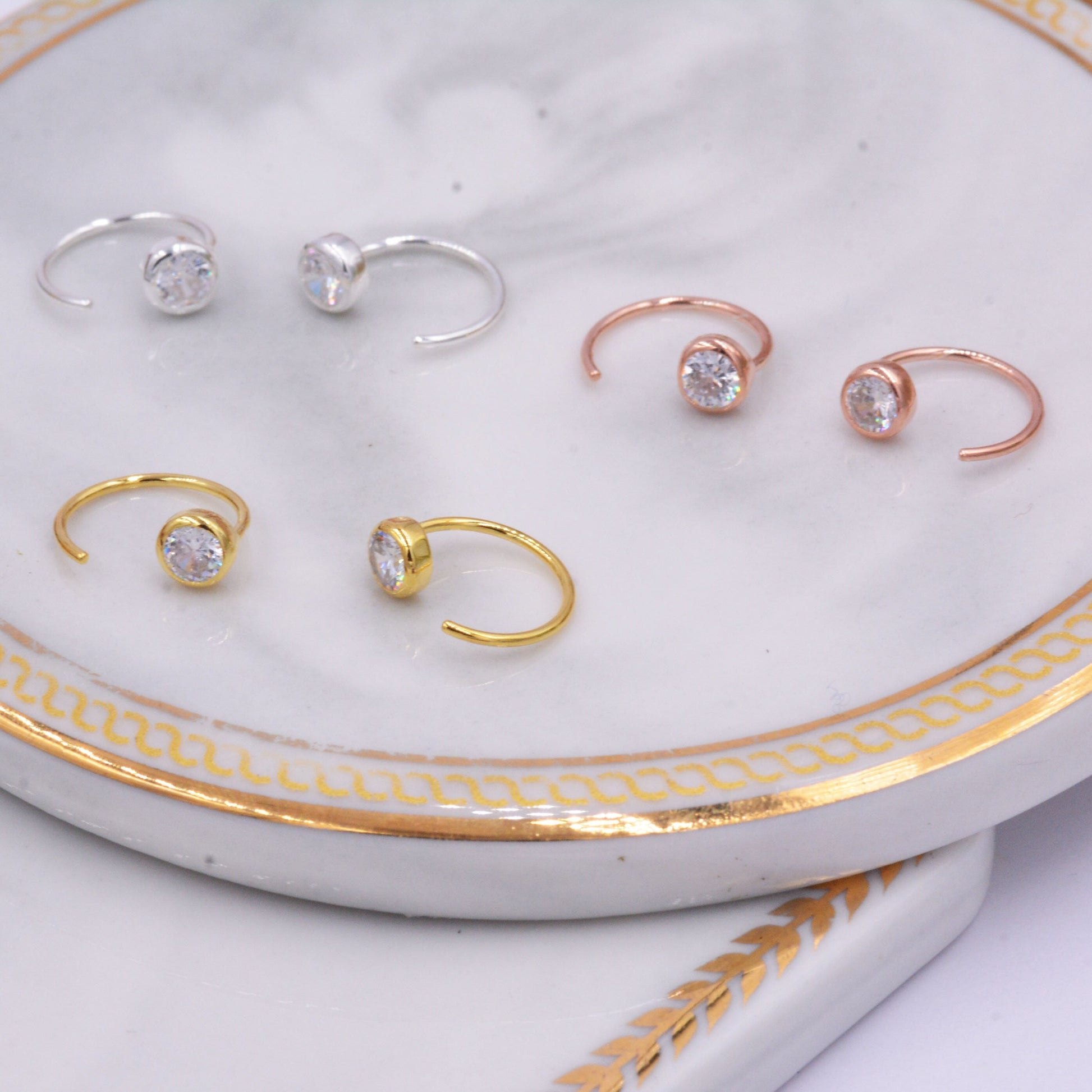 Huggie Hoop Earrings in Sterling Silver, Sparkly CZ Crystals (Lab Diamond), Pull Through Earrings Minimalist Geometric Design,