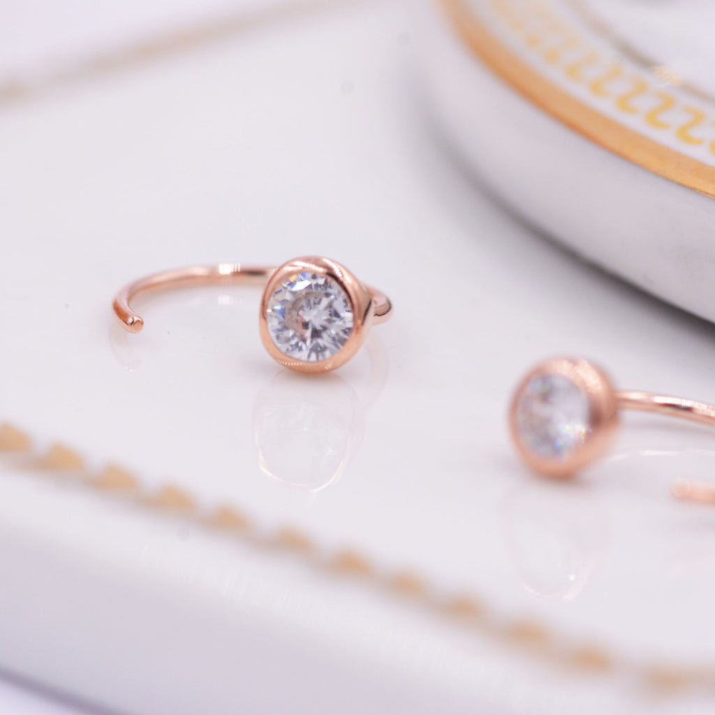 Huggie Hoop Earrings in Sterling Silver, Sparkly CZ Crystals (Lab Diamond), Pull Through Earrings Minimalist Geometric Design,