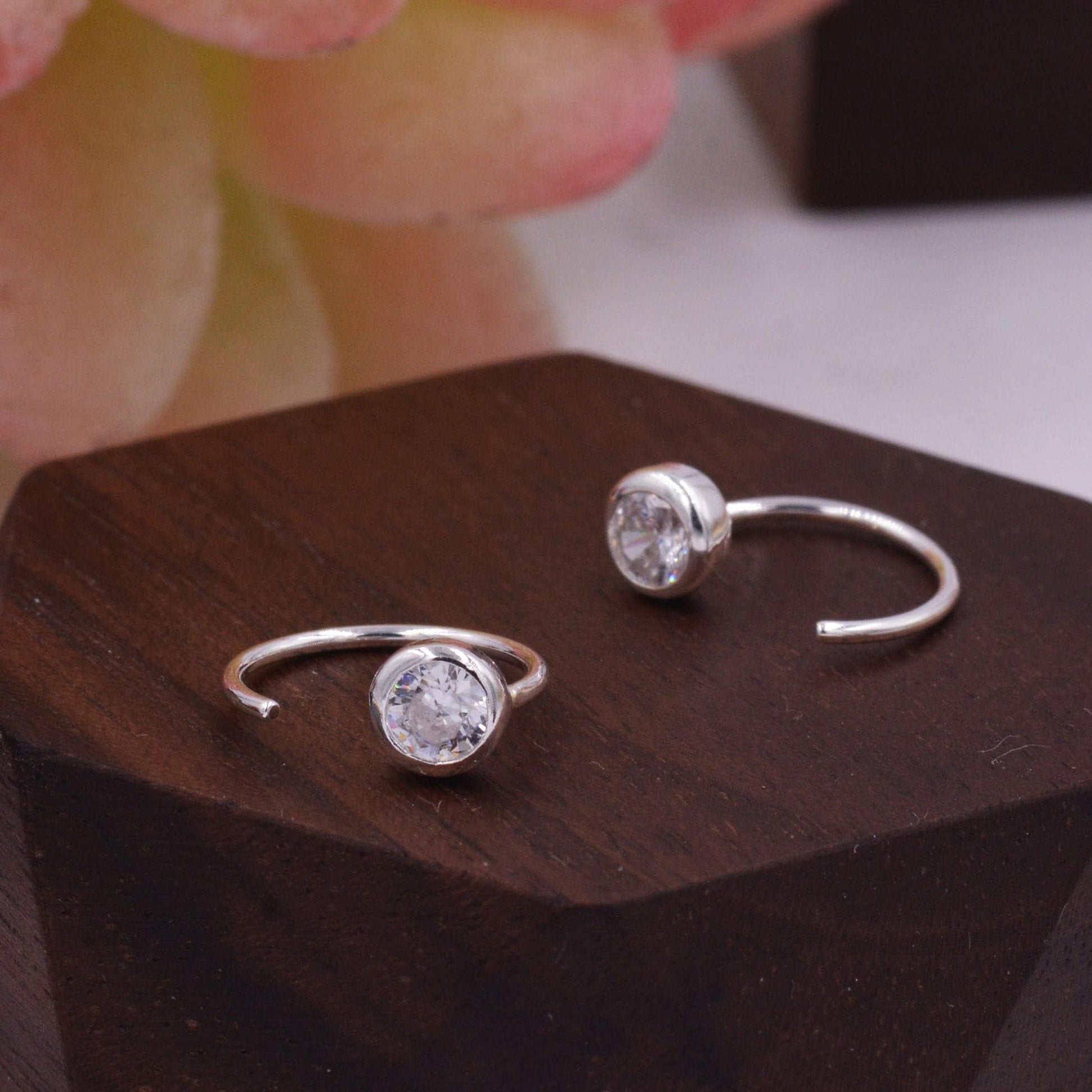 Huggie Hoop Earrings in Sterling Silver, Sparkly CZ Crystals (Lab Diamond), Pull Through Earrings Minimalist Geometric Design,