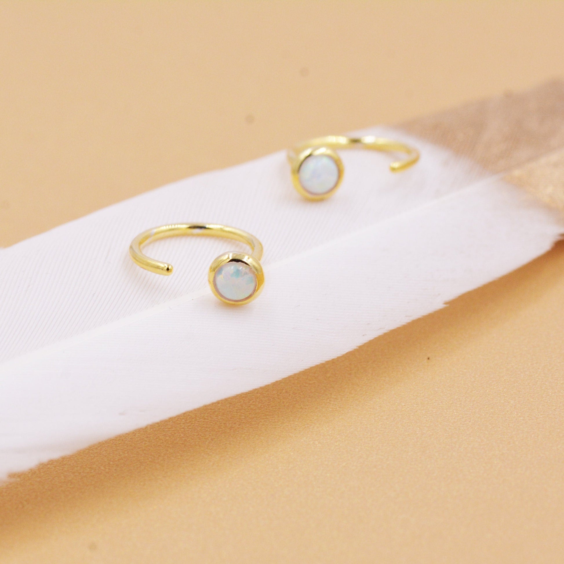 Minimalist Opal Huggie Hoop Threader Earrings in Sterling Silver, Gold or Silver, Pull Through Open Hoop Earrings, Fire Opal and Blue Opal