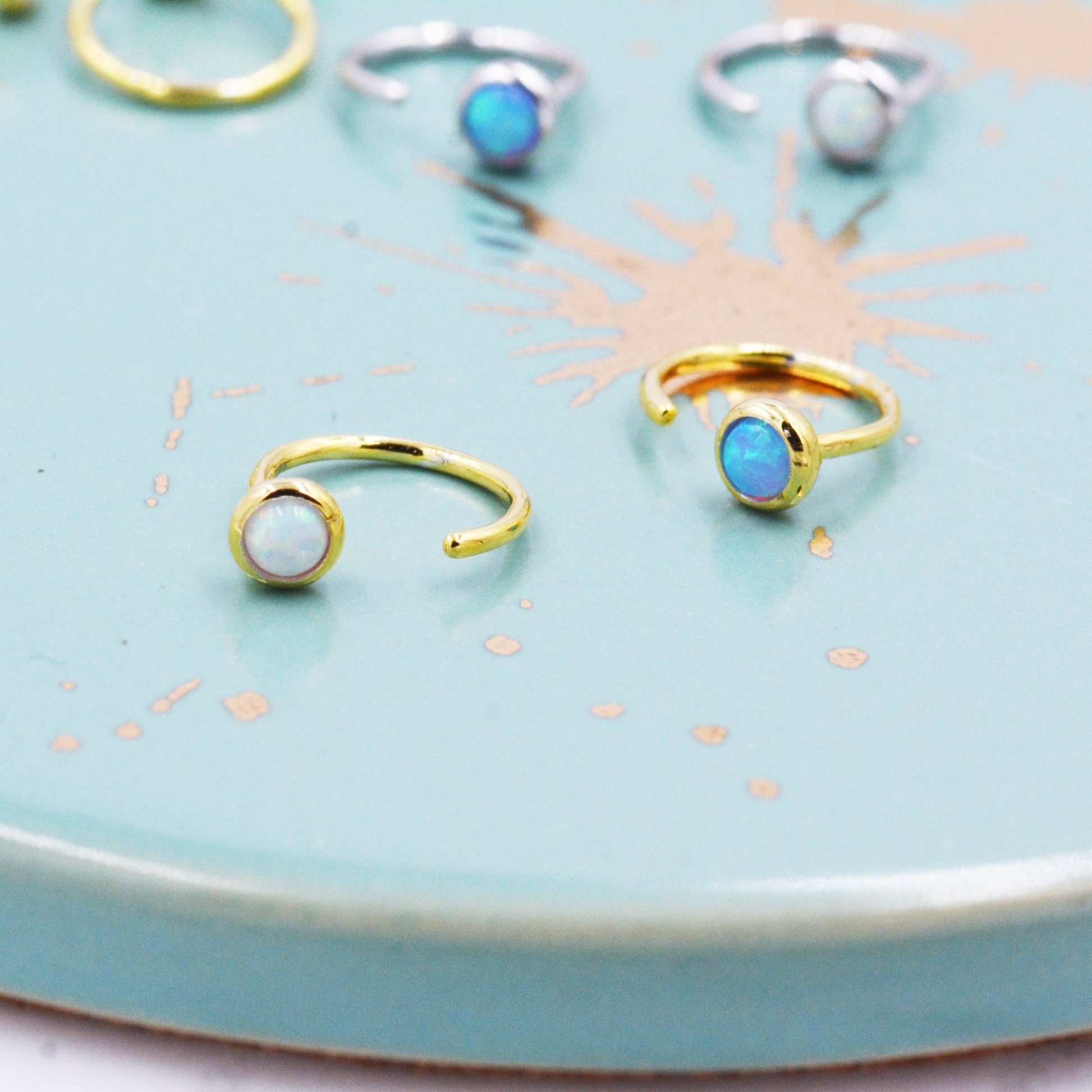 Minimalist Opal Huggie Hoop Threader Earrings in Sterling Silver, Gold or Silver, Pull Through Open Hoop Earrings, Fire Opal and Blue Opal