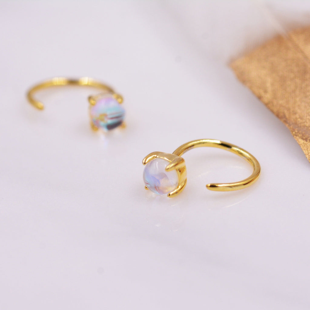 Colour Changing Crystal Huggie Hoop Threader Earrings in Sterling Silver, Simulated Moonstone, 4mm,  Pull Through Open Hoops