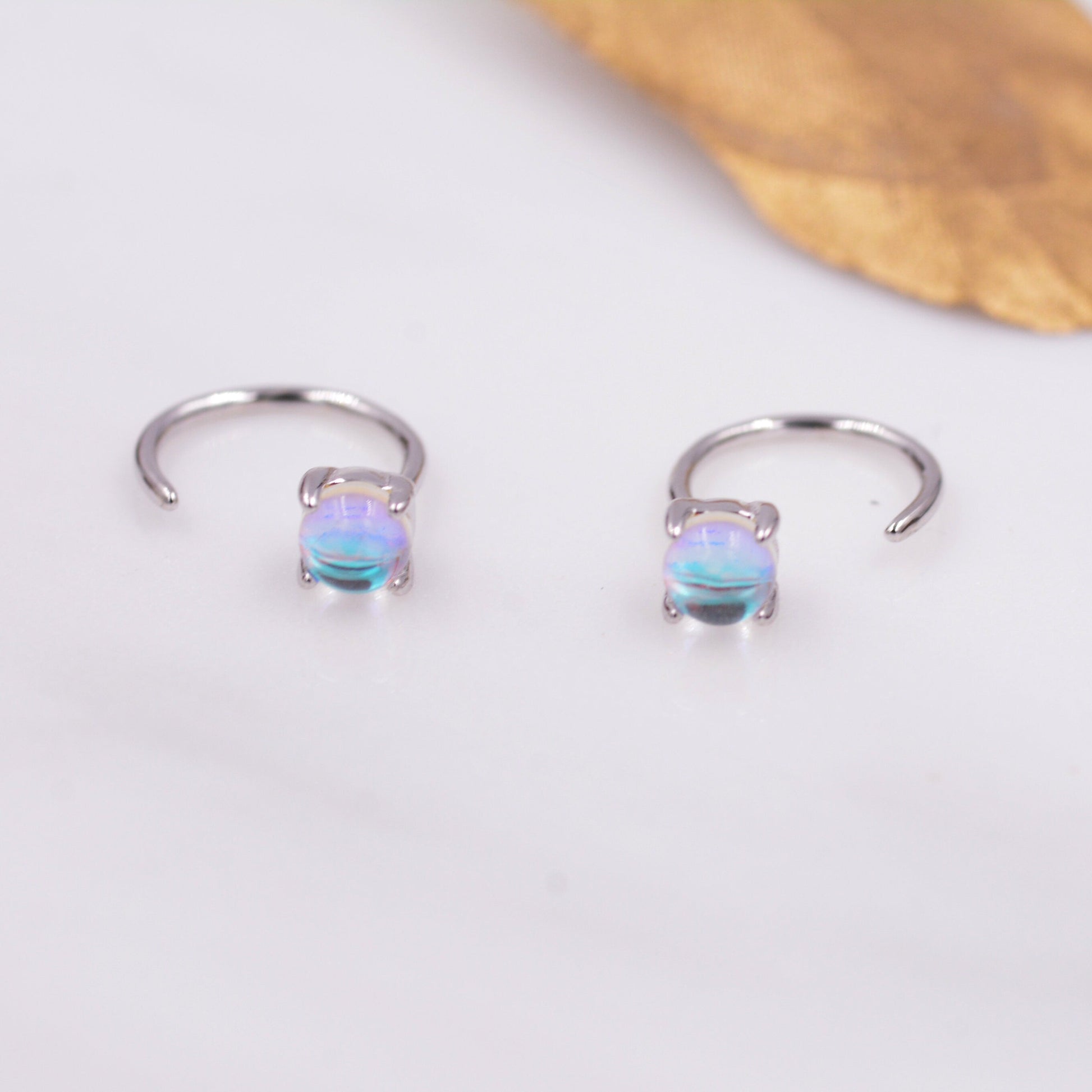 Colour Changing Crystal Huggie Hoop Threader Earrings in Sterling Silver, Simulated Moonstone, 4mm,  Pull Through Open Hoops