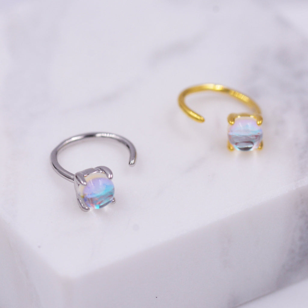 Colour Changing Crystal Huggie Hoop Threader Earrings in Sterling Silver, Simulated Moonstone, 4mm,  Pull Through Open Hoops