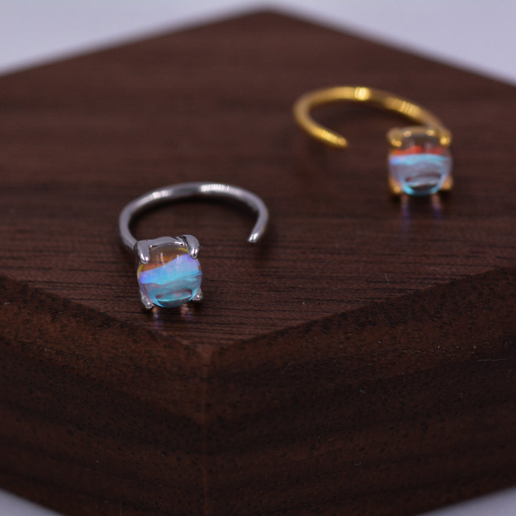 Colour Changing Crystal Huggie Hoop Threader Earrings in Sterling Silver, Simulated Moonstone, 4mm,  Pull Through Open Hoops