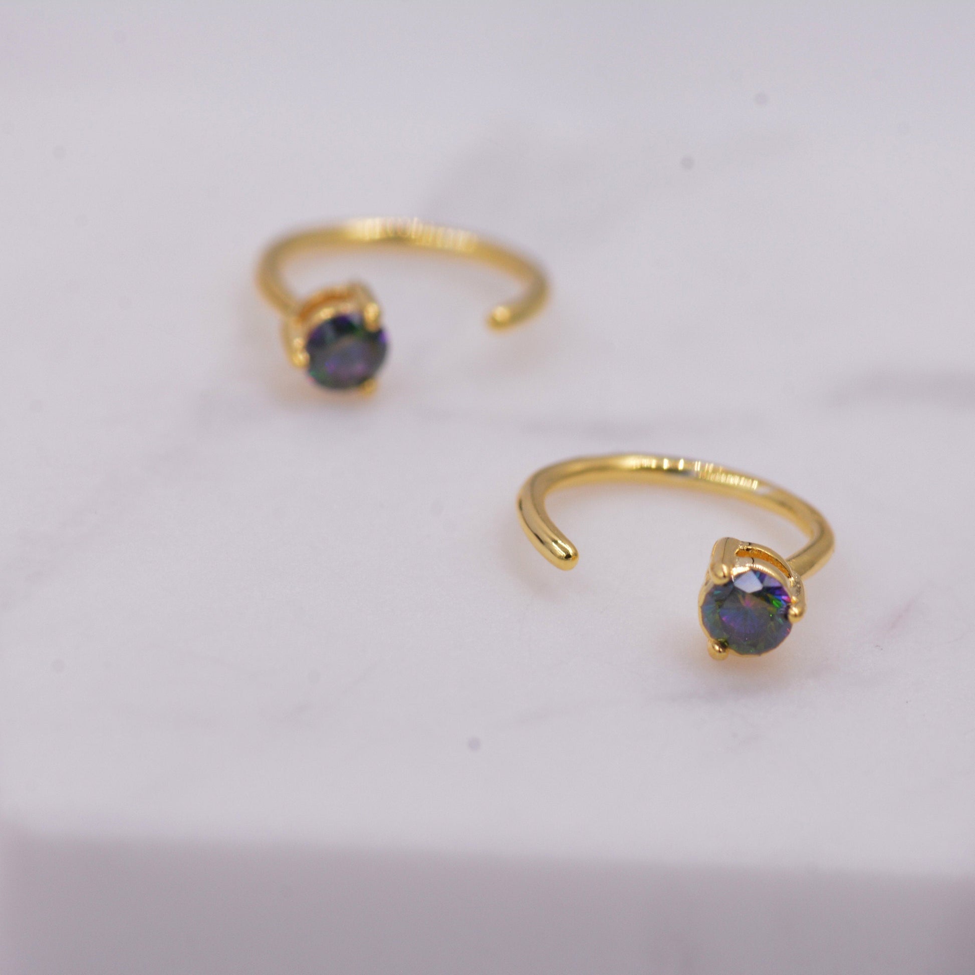 Mystic Topaz Crystal Huggie Hoop Threader Earrings in Sterling Silver, 3mm Three Prong, Gold or Silver, Pull Through Open Hoops