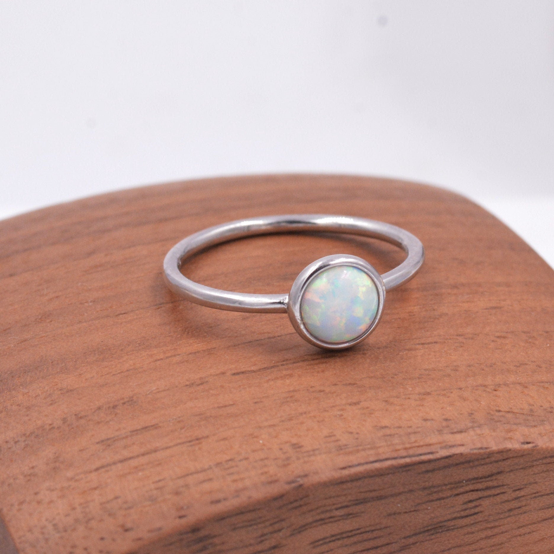 Sterling Silver Opal Ring,  US Size 5 6 7 8, Skinny Stacking Ring, White Opal, Midi Ring, Minimalist Geometric Ring