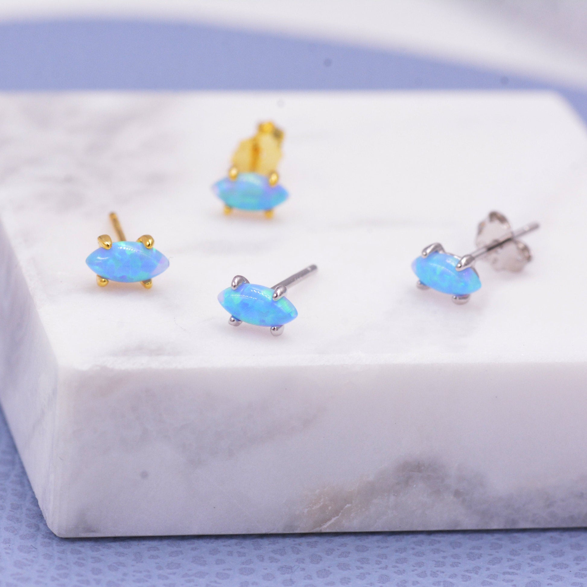Sterling Silver Tiny Opal Marquise Stud Earrings,Gold or Silver, Minimalist Geometric Design