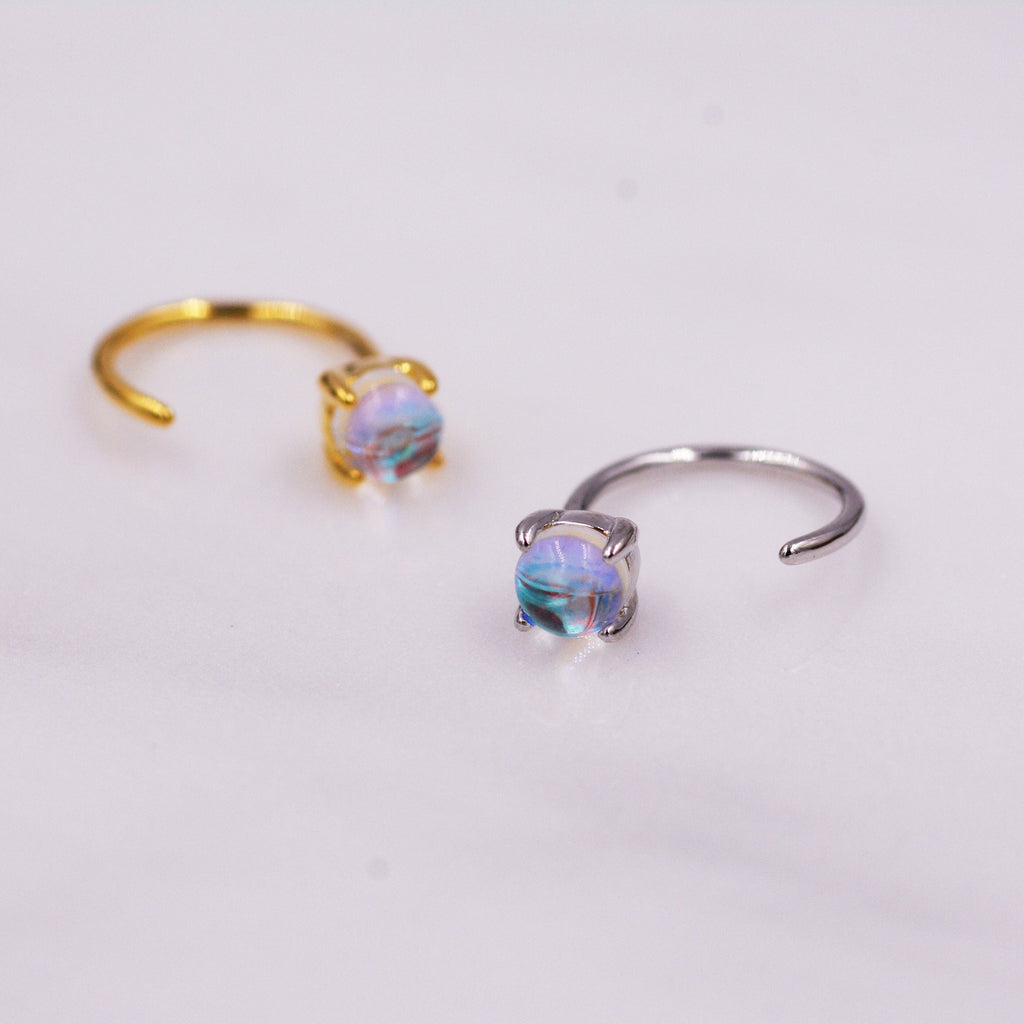 Colour Changing Crystal Huggie Hoop Threader Earrings in Sterling Silver, Simulated Moonstone, 4mm,  Pull Through Open Hoops