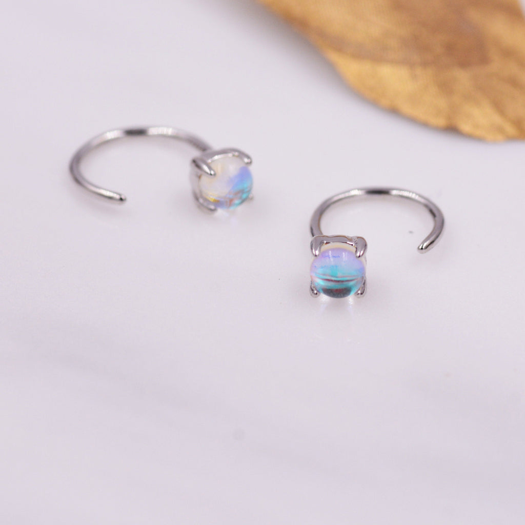 Colour Changing Crystal Huggie Hoop Threader Earrings in Sterling Silver, Simulated Moonstone, 4mm,  Pull Through Open Hoops