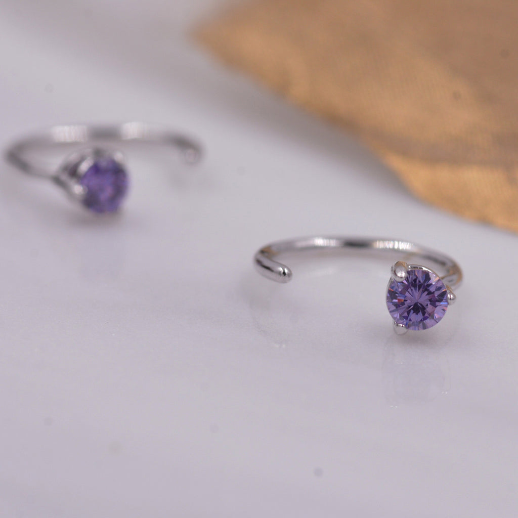 Lilac Amethyst Purple Crystal Huggie Hoop Threader Earrings in Sterling Silver, 3mm Three Prong, Gold or Silver, Pull Through Open Hoops