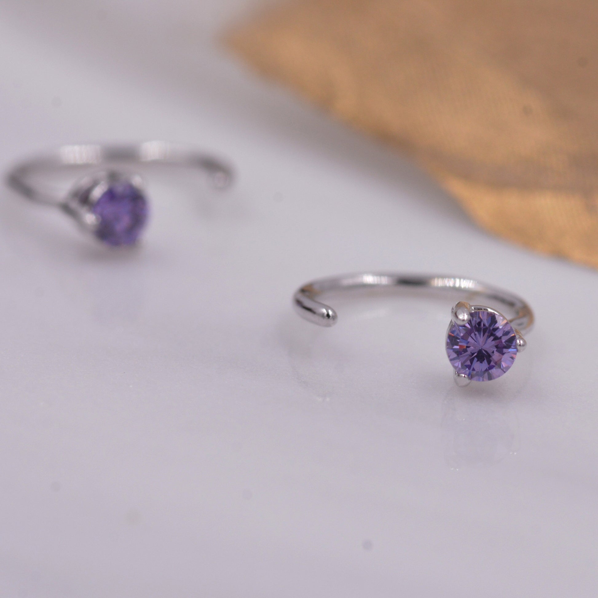 Lilac Amethyst Purple Crystal Huggie Hoop Threader Earrings in Sterling Silver, 3mm Three Prong, Gold or Silver, Pull Through Open Hoops