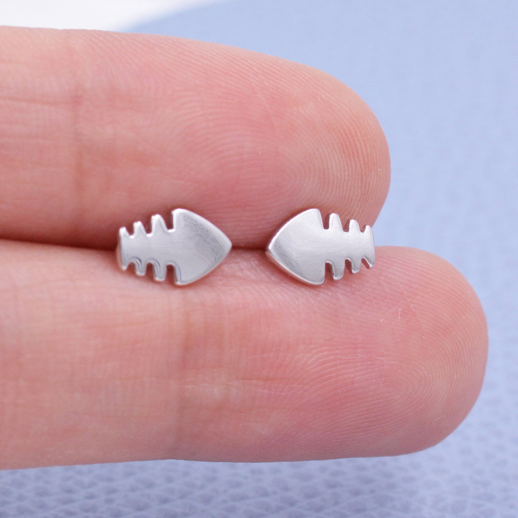 Fish Bone Stud Earrings in Sterling Silver, Fish Earrings, Fish Skeleton Stud, Cute Dainty Minimal Jewellery
