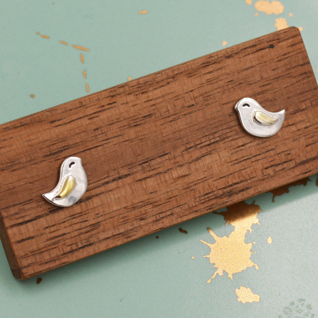 Cute Little Wren Bird Stud Earrings and Necklace Set in Sterling Silver, Gift Set with One Gift Box Packing
