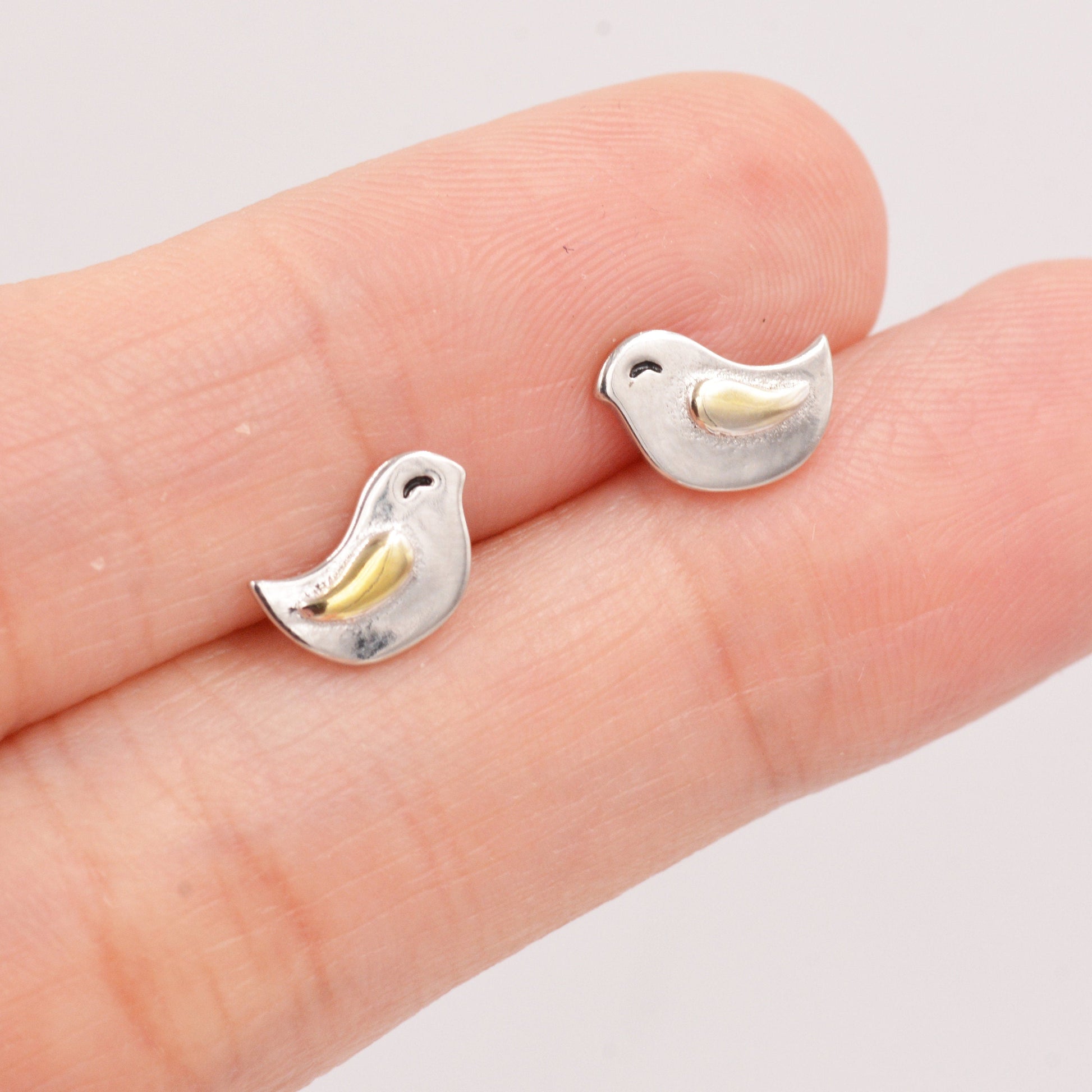 Cute Little Wren Bird Stud Earrings and Necklace Set in Sterling Silver, Gift Set with One Gift Box Packing