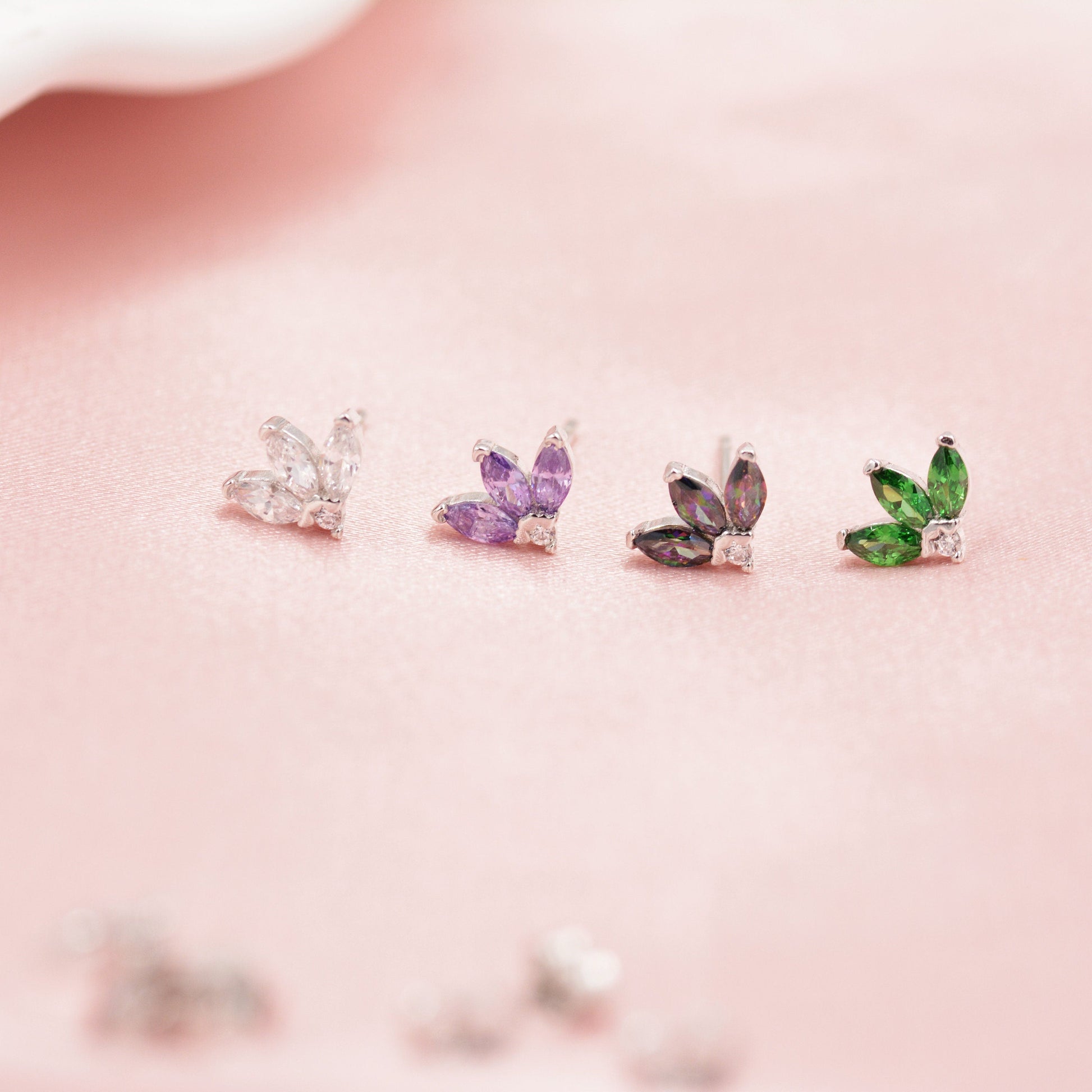Sterling Silver CZ Marquise Cluster Stud Earrings,  Gold or Silver, Marquise Fan Stud, CZ Crown Stud, Three Marquise Stud - Multi Colour