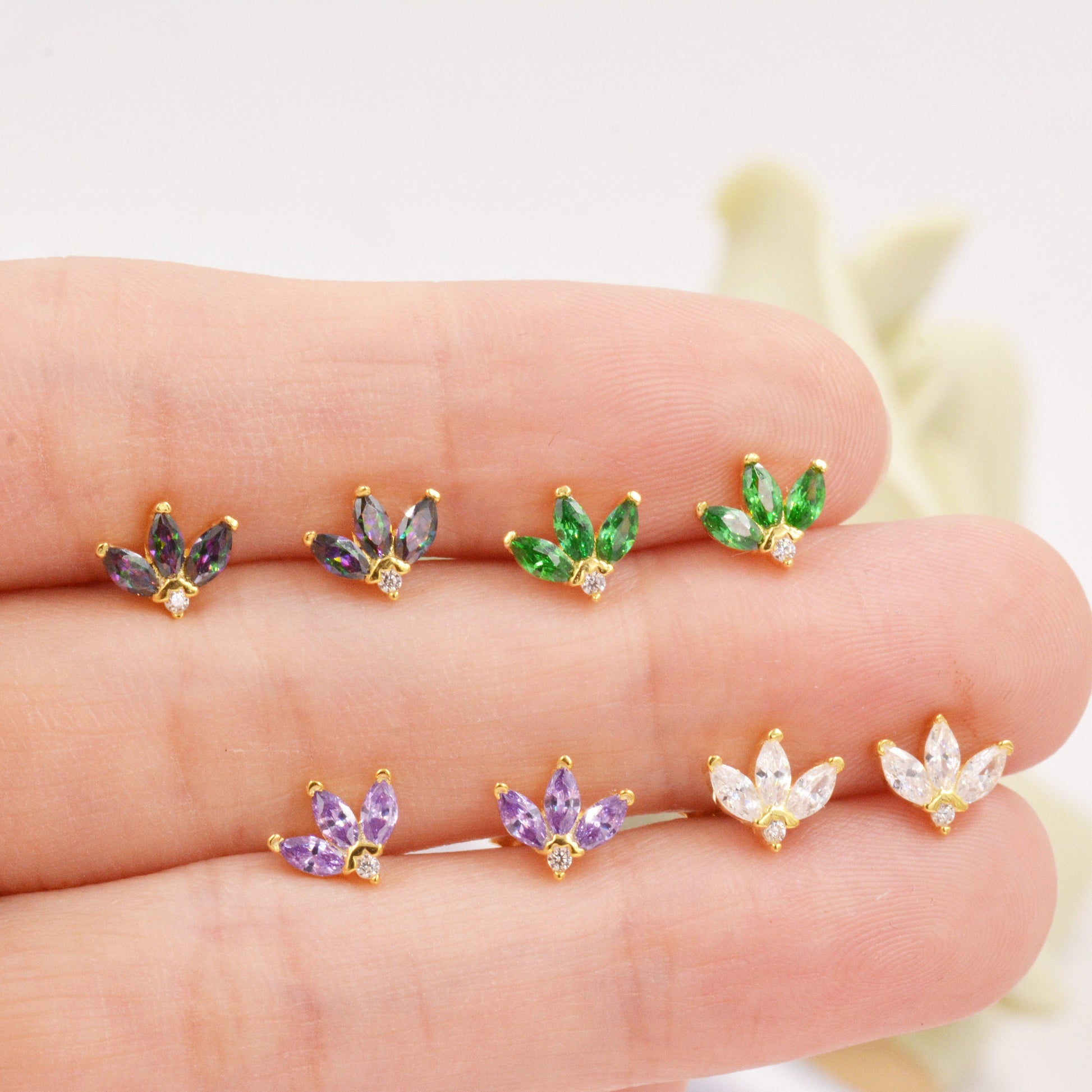 Sterling Silver CZ Marquise Cluster Stud Earrings,  Gold or Silver, Marquise Fan Stud, CZ Crown Stud, Three Marquise Stud - Multi Colour