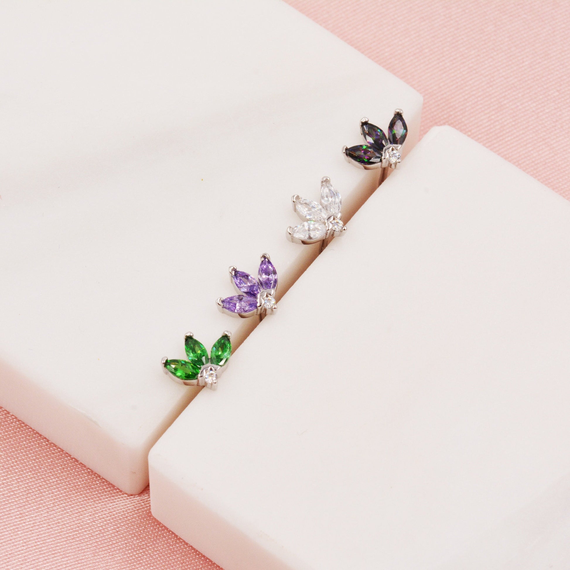 Sterling Silver CZ Marquise Cluster Stud Earrings,  Gold or Silver, Marquise Fan Stud, CZ Crown Stud, Three Marquise Stud - Multi Colour