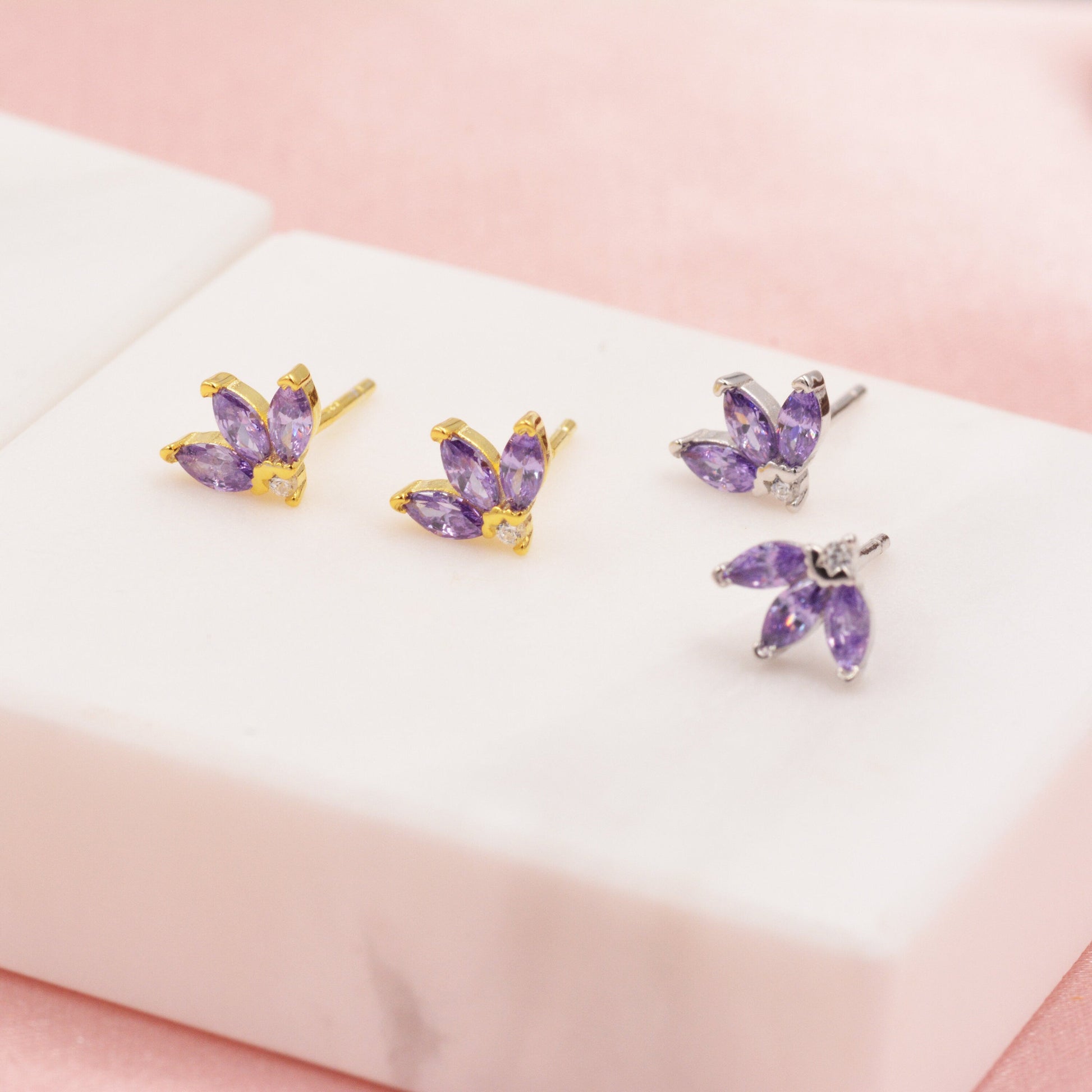 Sterling Silver CZ Marquise Cluster Stud Earrings,  Gold or Silver, Marquise Fan Stud, CZ Crown Stud, Three Marquise Stud - Multi Colour