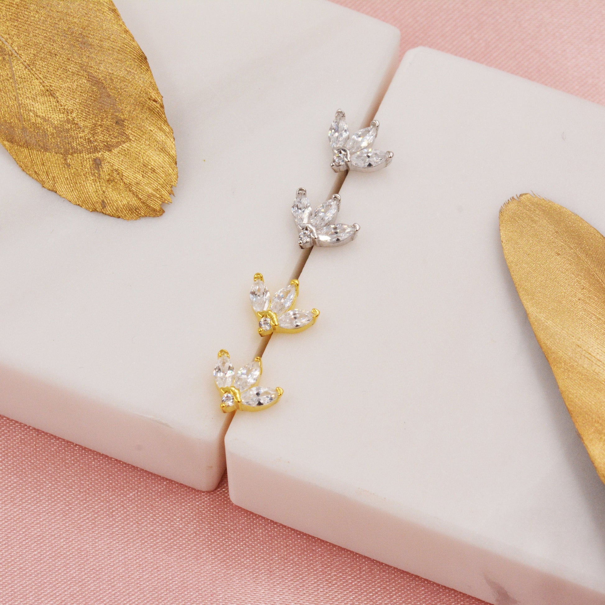 Sterling Silver CZ Marquise Cluster Stud Earrings,  Gold or Silver, Marquise Fan Stud, CZ Crown Stud, Three Marquise Stud - Multi Colour