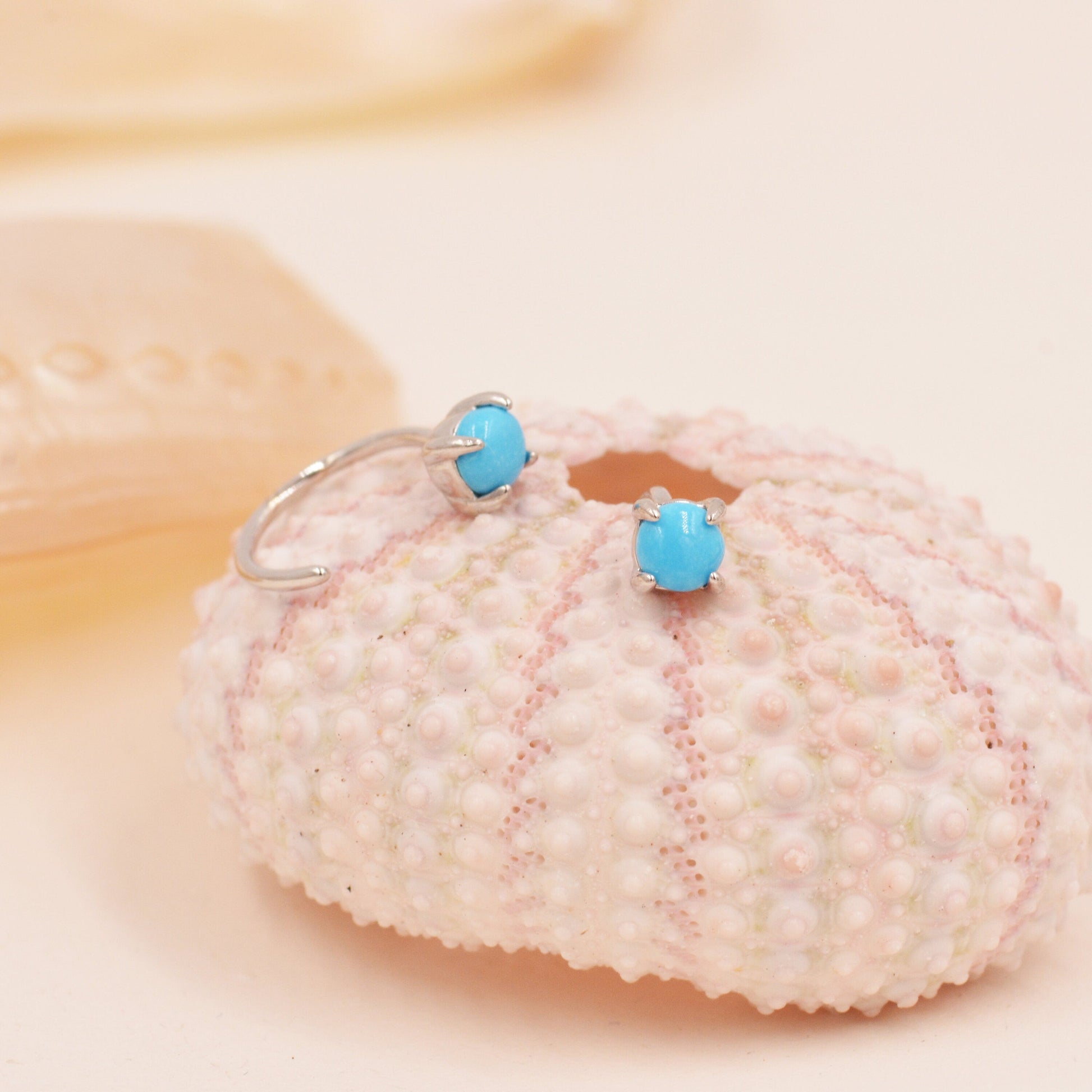 Genuine Turquoise Threader Hoop Earrings in Sterling Silver, Turquoise Dot Open Hoop Earrings, Huggie Hoop,  Pull Through