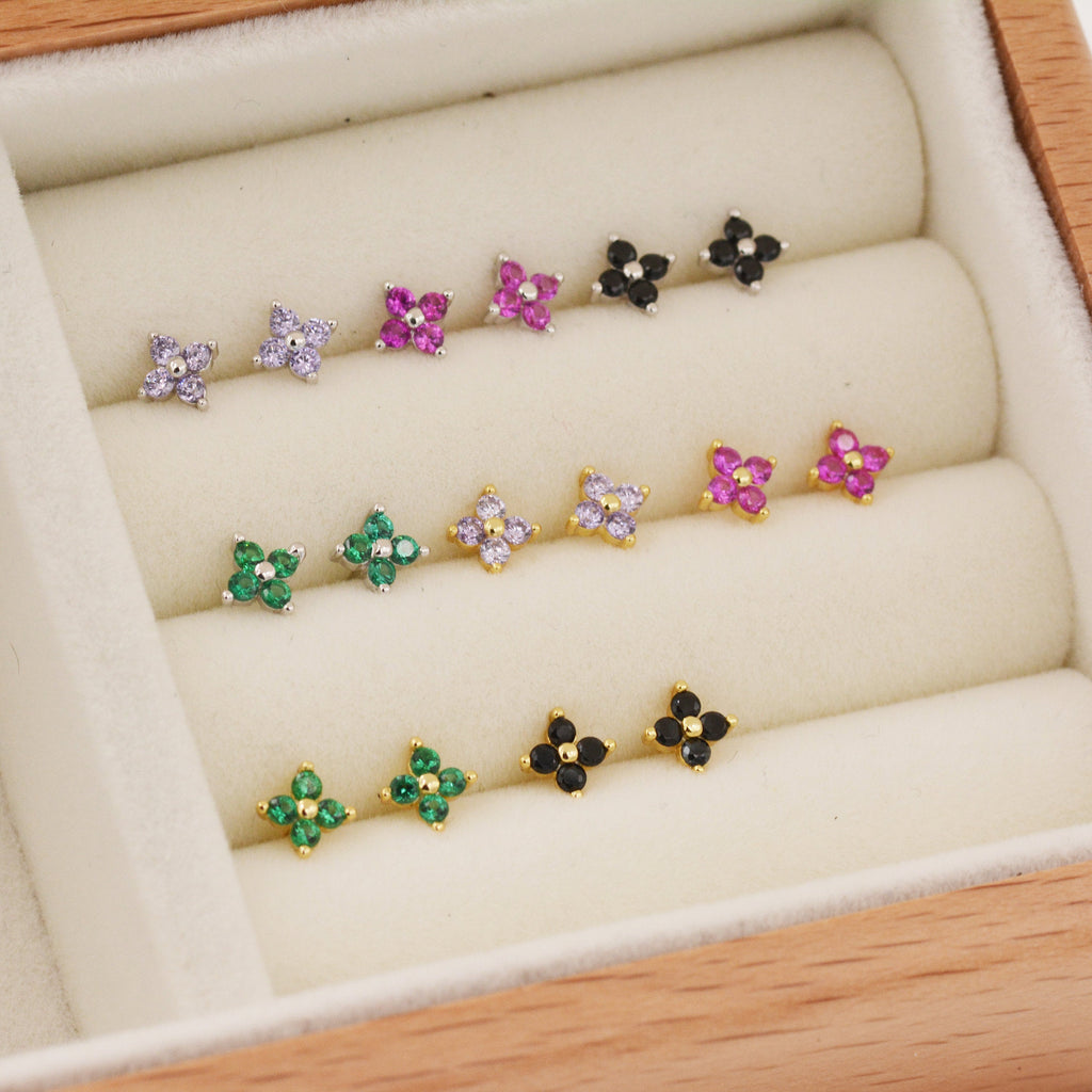 CZ Flower Stud Earrings in Sterling Silver, Crystal Flower Earrings, Amethyst, Ruby, Emerald and Black Diamond, Four Crystal Stud