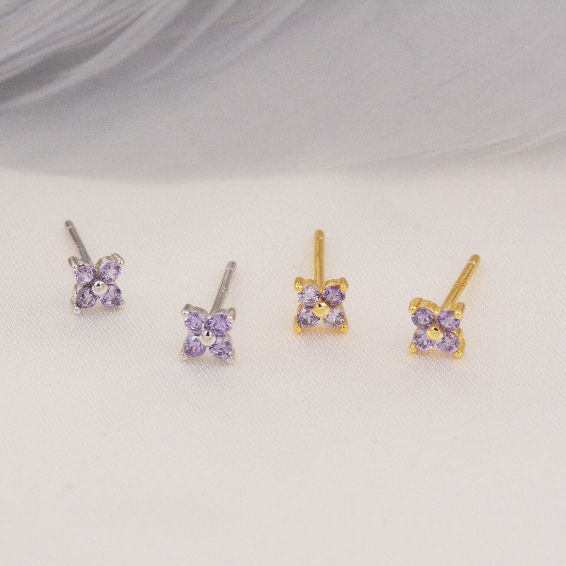 CZ Flower Stud Earrings in Sterling Silver, Crystal Flower Earrings, Amethyst, Ruby, Emerald and Black Diamond, Four Crystal Stud