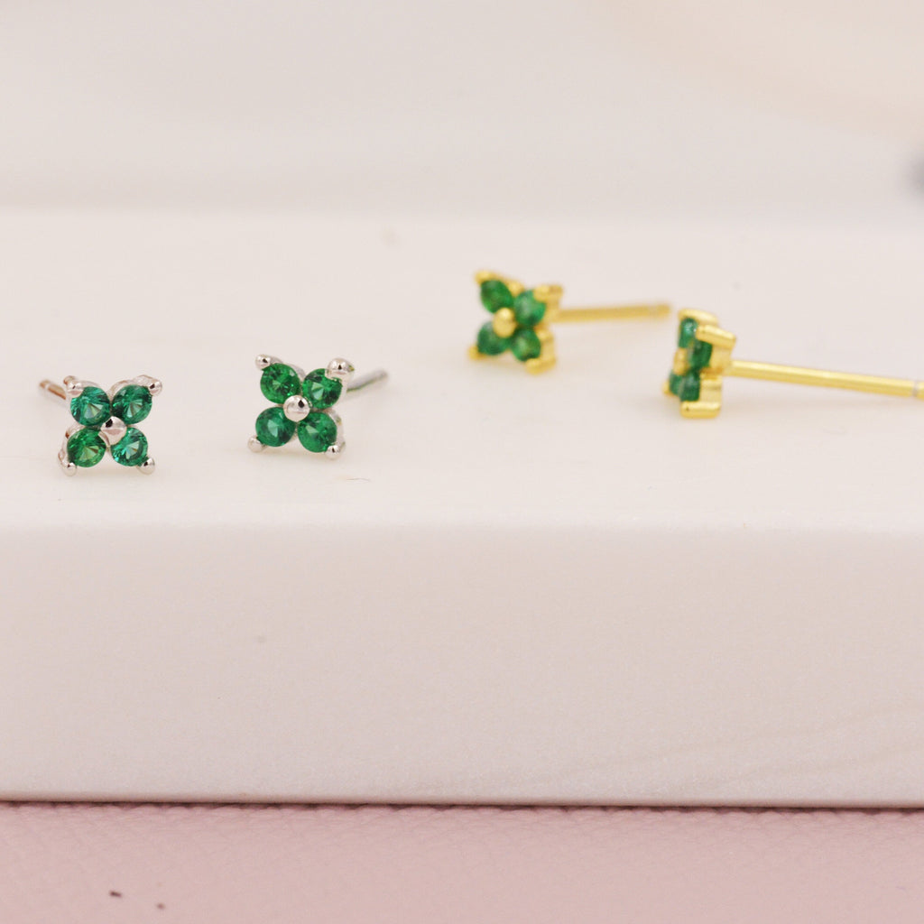 CZ Flower Stud Earrings in Sterling Silver, Crystal Flower Earrings, Amethyst, Ruby, Emerald and Black Diamond, Four Crystal Stud
