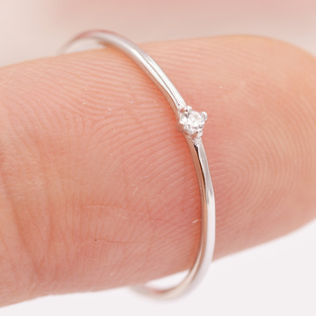 Extra Fine Single CZ Ring in Sterling Silver, Extra Skinny Stacking Rings,  US 4 5 6 7 Sized Delicate Rings,
