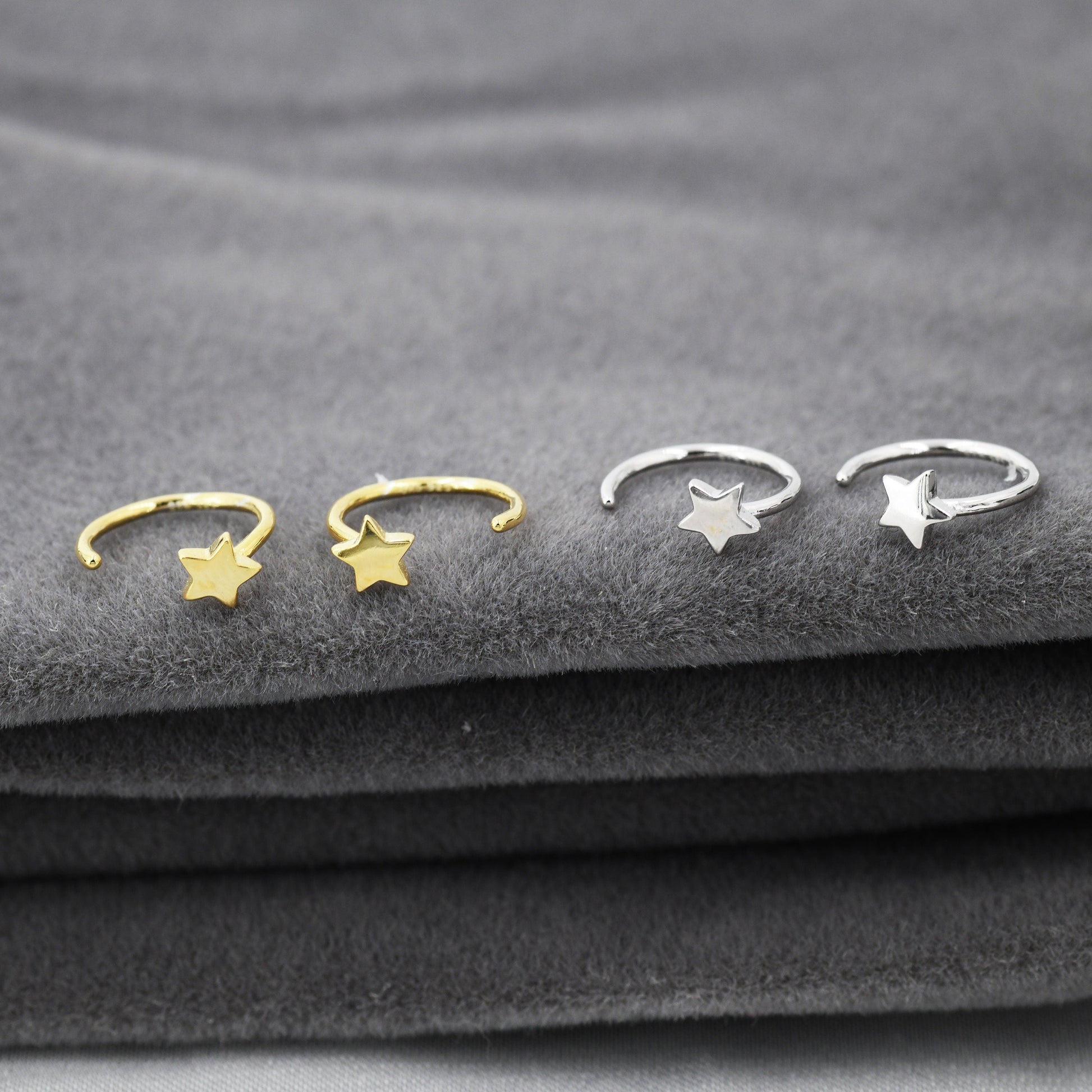 Tiny Star Huggie Hoop Earrings in Sterling Silver, Star Pull Through Earrings, Half Hoop Earrings,  Open Hoop, Silver or Gold